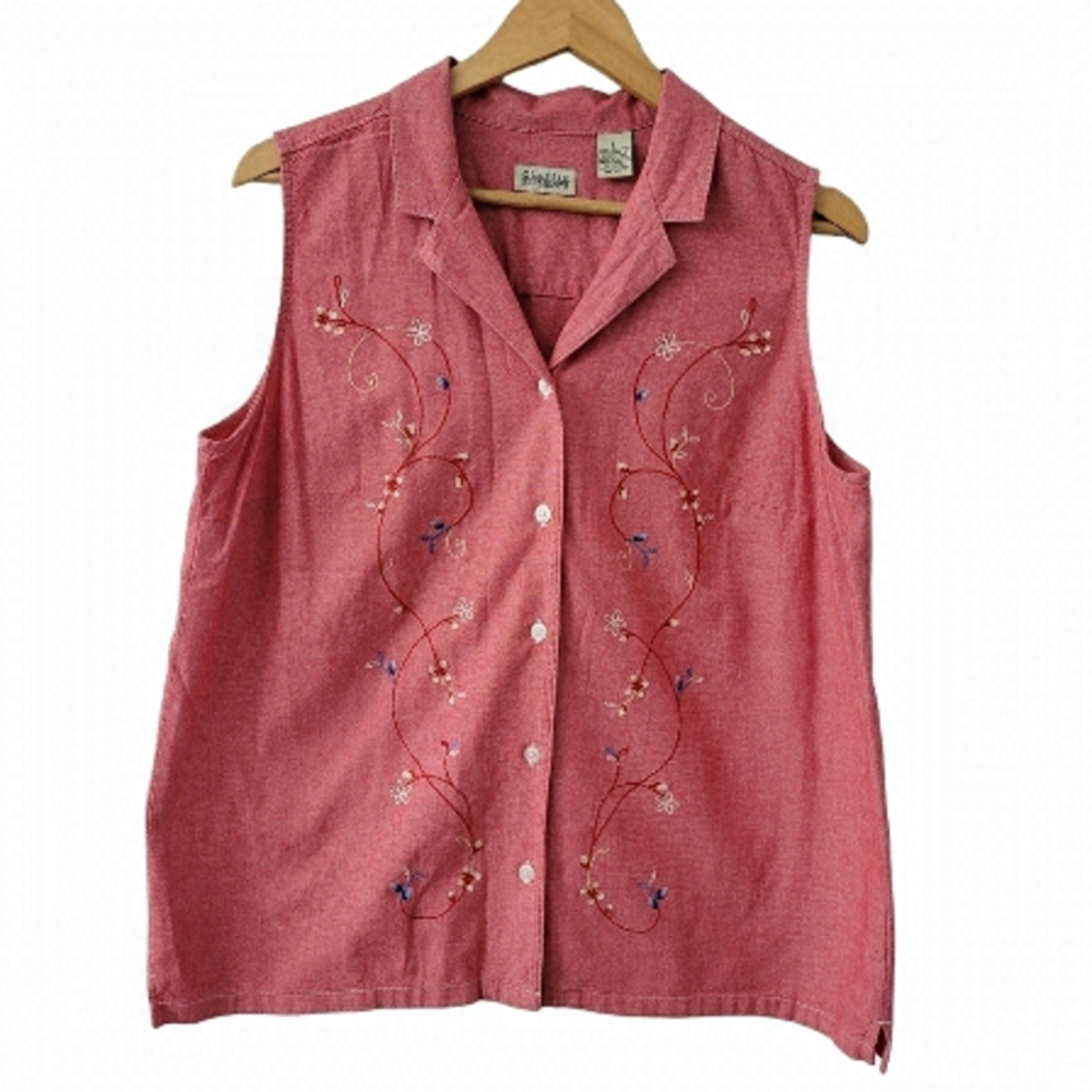 PINK Sleeveless Blouse Cotton Button Up Embroidered Collared Tank LG